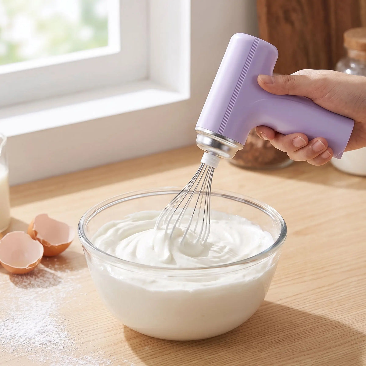 mélange préparation pâtissière avec fouet électrique violet 
