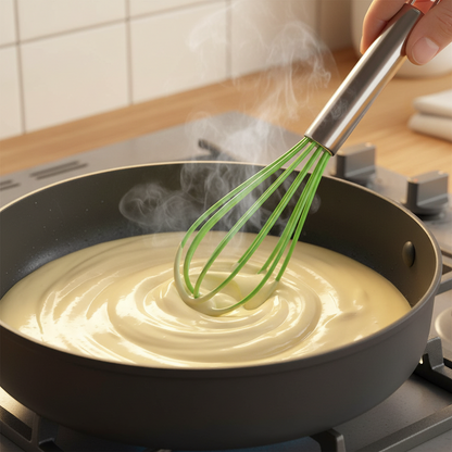 mélange préparation crème dans casserole avec Fouet cuisine professionnel