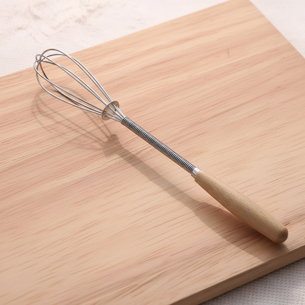 mini fouet sur plan travail en bois clair