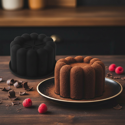 mini moule à charlotte avec gâteau chocolat sur table bois