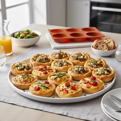 Mini-quiches et galettes salées présentées avec Moules à gâteaux ronds 