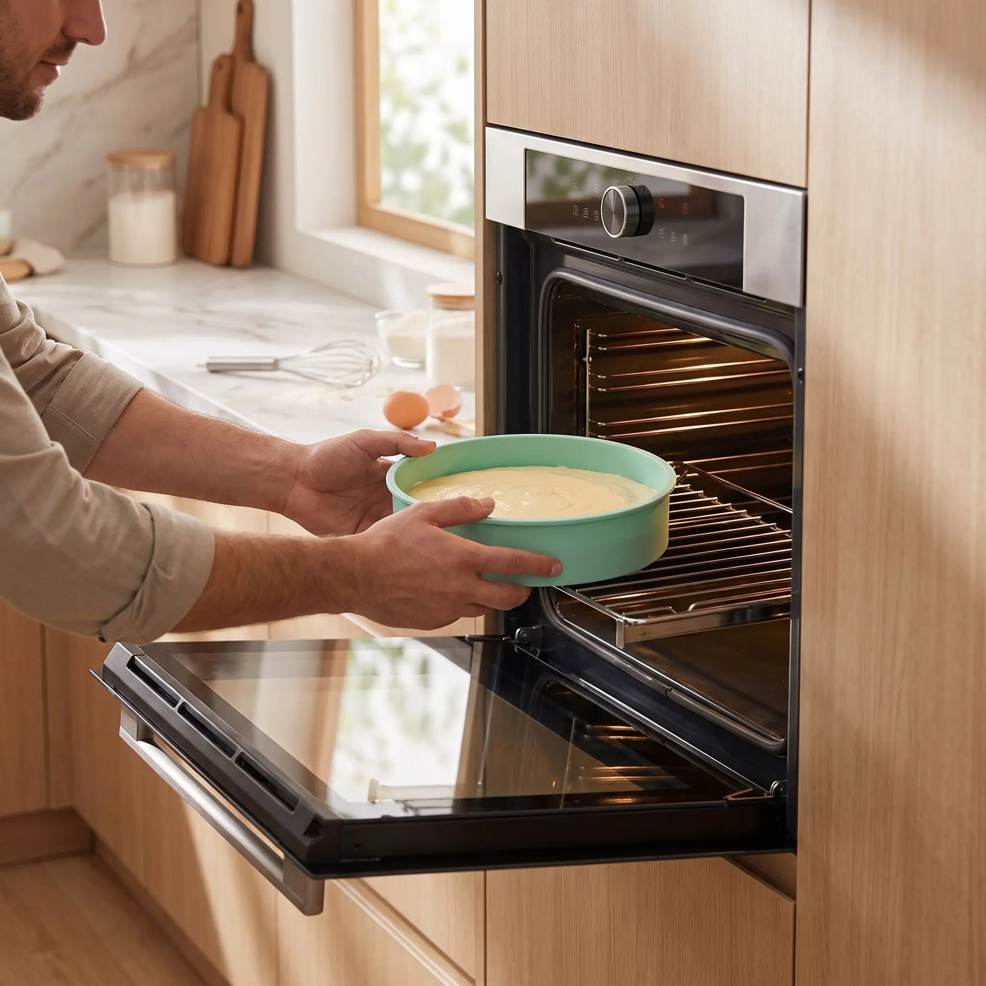 homme met au four moules en silicone rond dans cuisine 