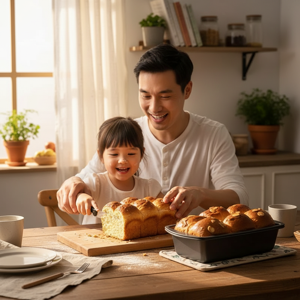 père et fille découpant brioche avec moule a brioche