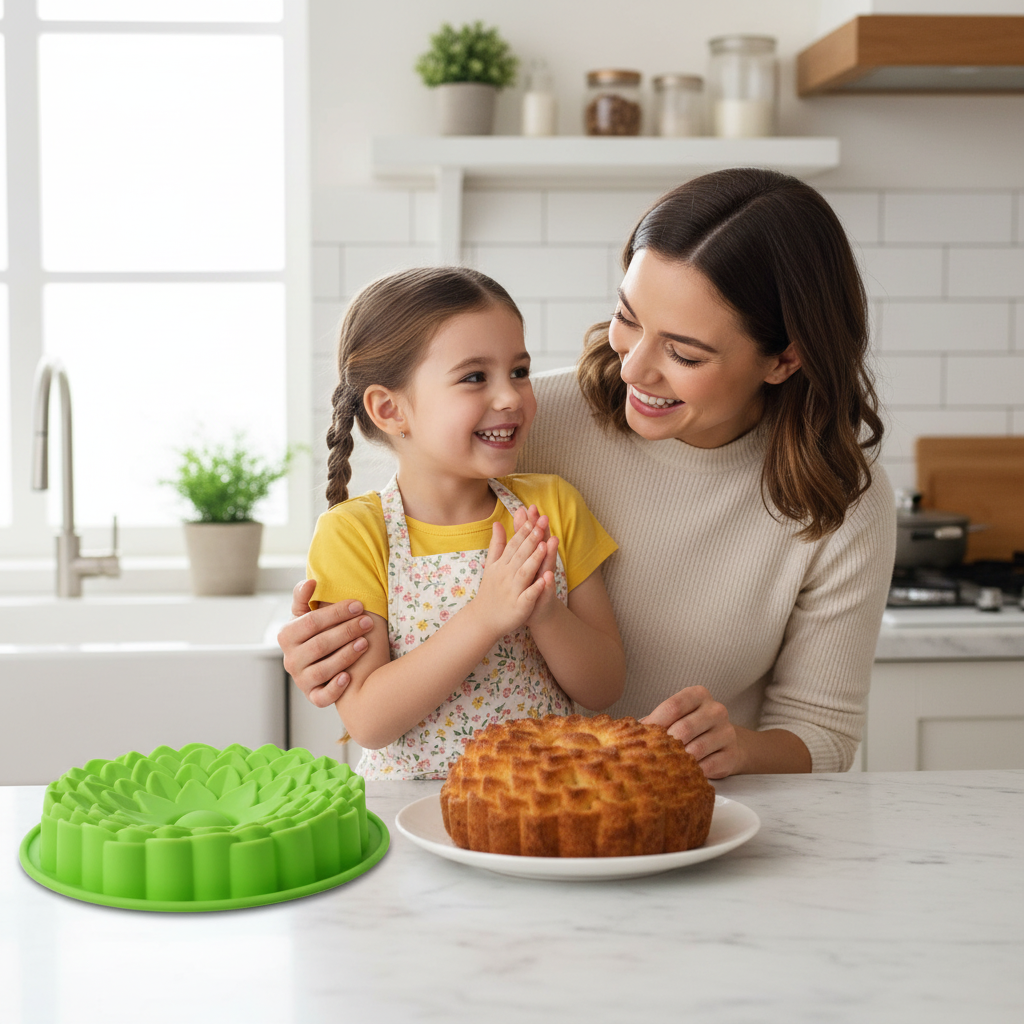 Mère et fille dans cuisine avec Moule silicone fleur