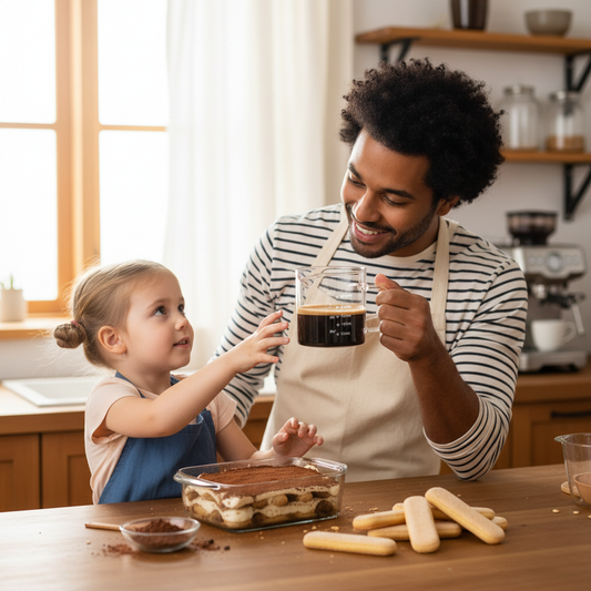 Père et fille utilisent Verre mesureur verre pour préparation tiramisu