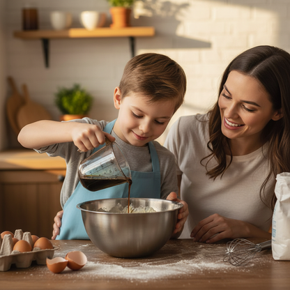 Mère et fils préparant gâteau avec Verre doseur ml