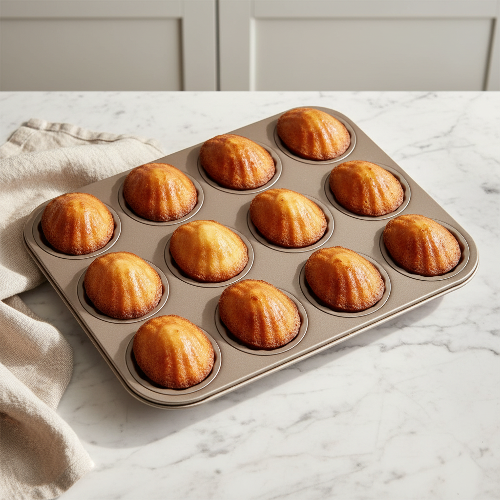 Moule à Madeleine Inox douze cavités sur plan travail cuisine