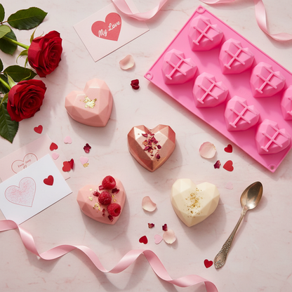 Moule 3D silicone cœur avec flat-lay Saint-Valentin