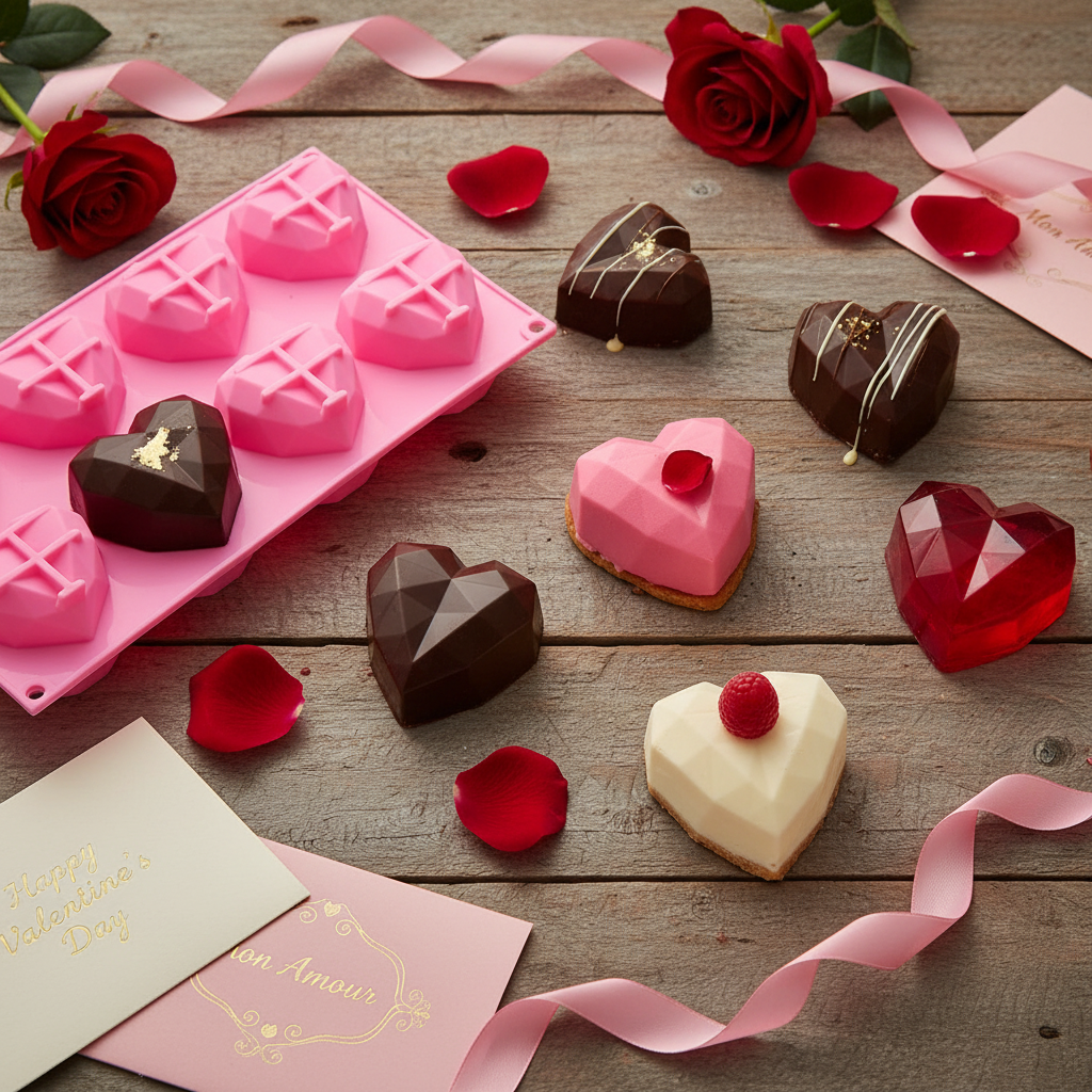 Moule 3D silicone cœur avec différents gâteaux 