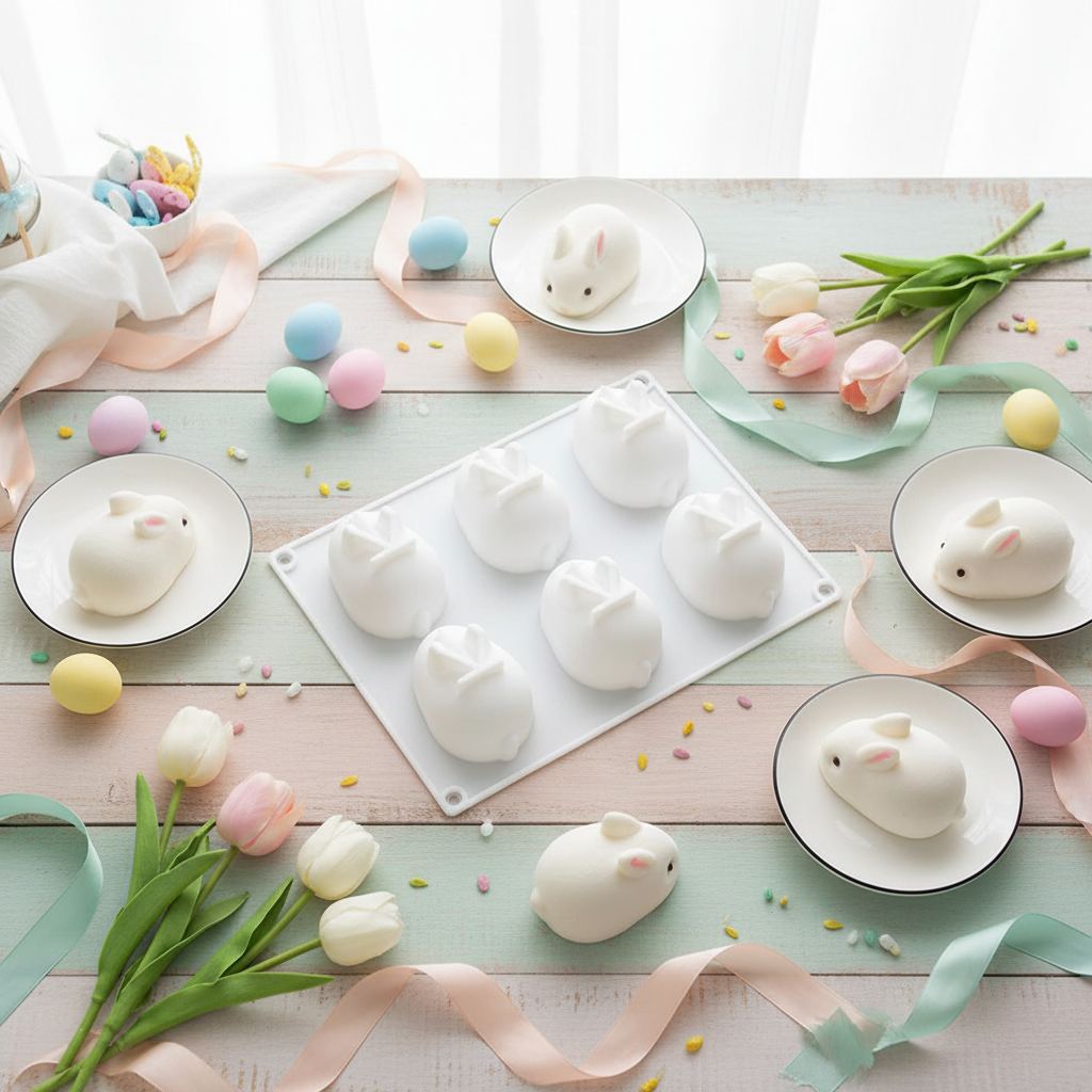 Moule 3D silicone lapin avec lapin Pâques sur table