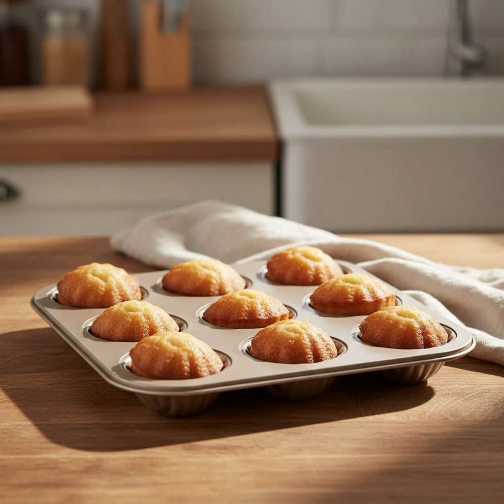 Moule à Madeleine Inox neuf cavités sur table cuisine