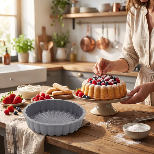 moule à charlotte avec femme décorant gâteau charlotte