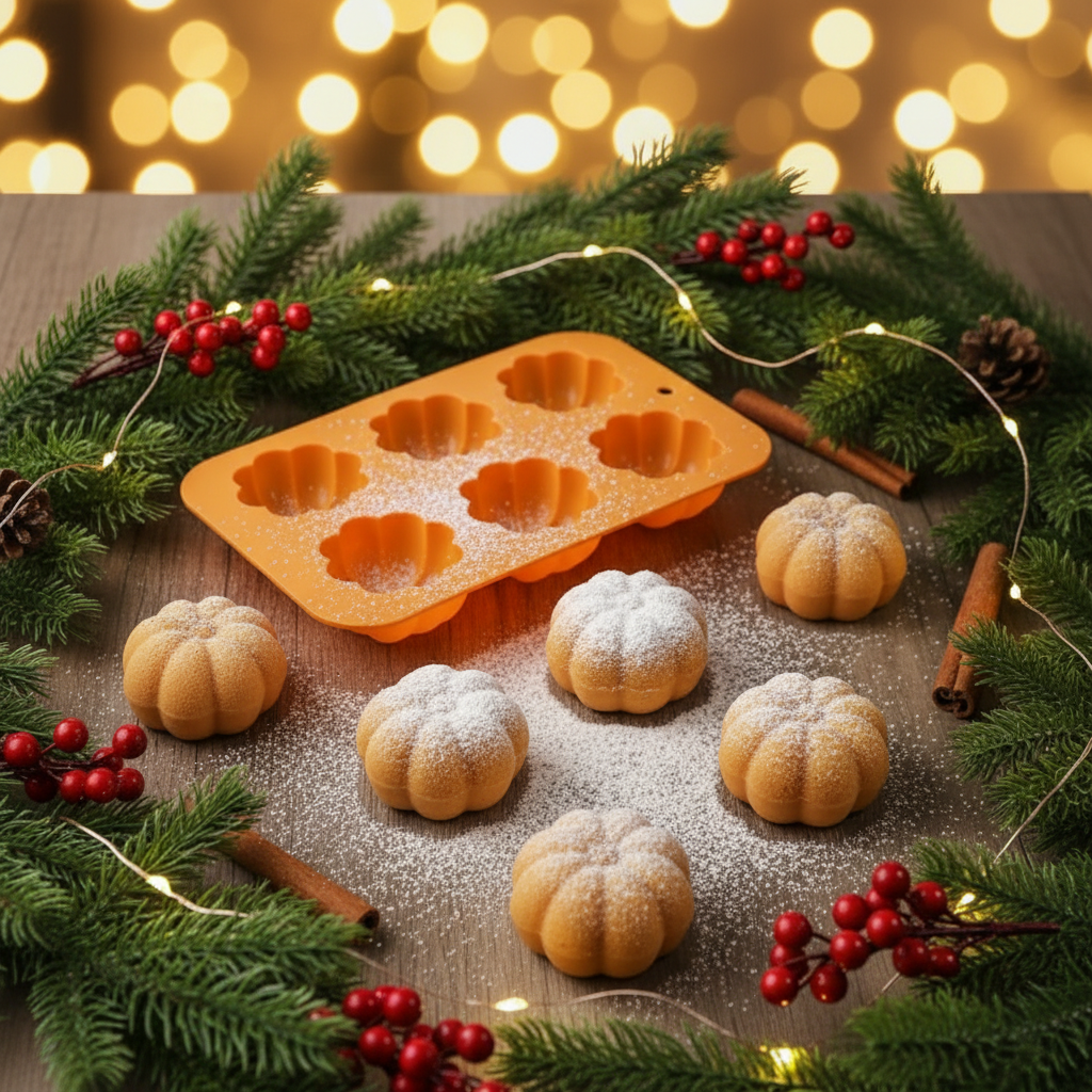 Moule citrouille et gâteau forme citrouille sur table décoré 