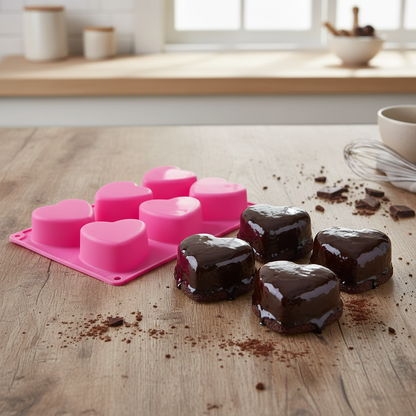Moule coeur silicone 6 cavités avec gâteaux démoulés