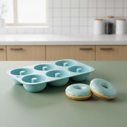 moule à donuts bleu avec donut sur table bleu cuisine 