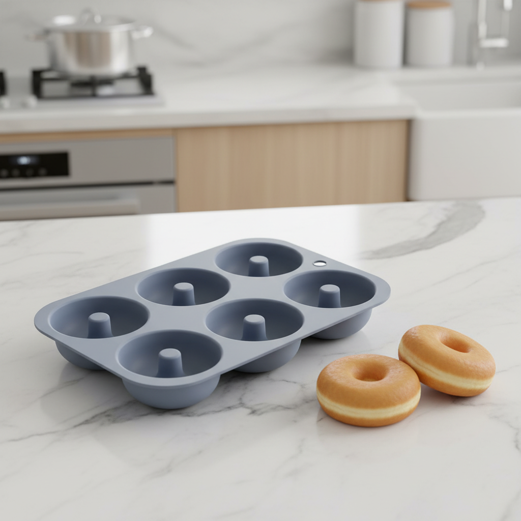 Moule à donuts gris avec donut sur table cuisine marbre