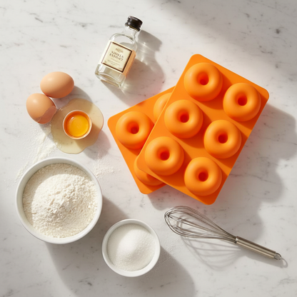 Moule donuts orange à plat avec ingrédients autour