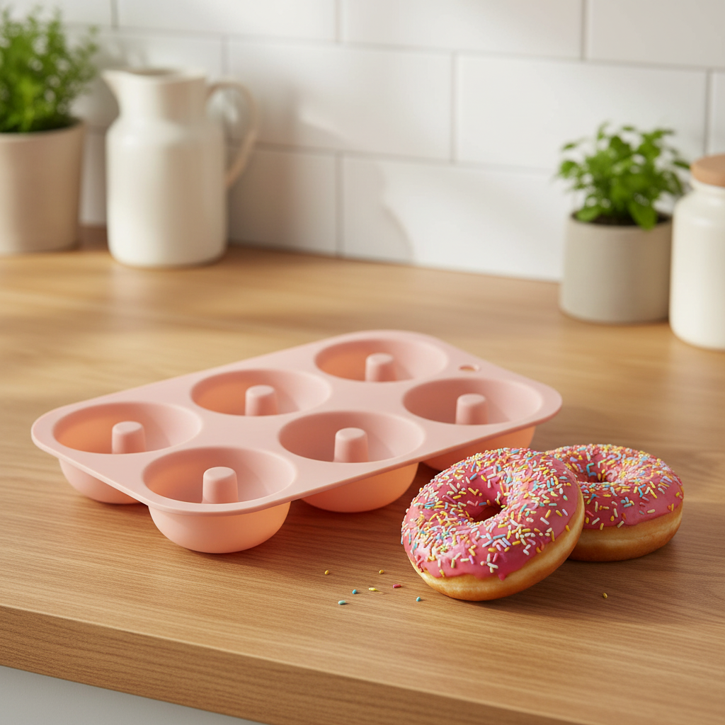 Moule à donuts rose avec donut sur table bois cuisine