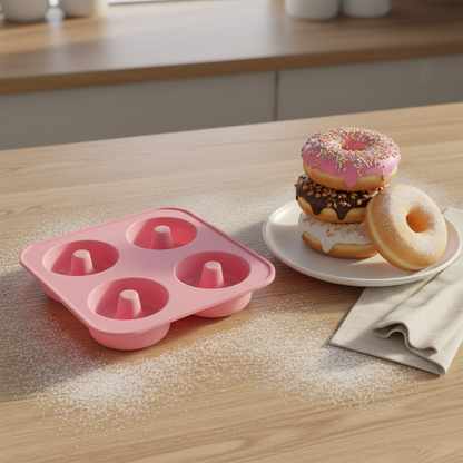 Moule à Donuts rose avec donut sur table cuisine bois
