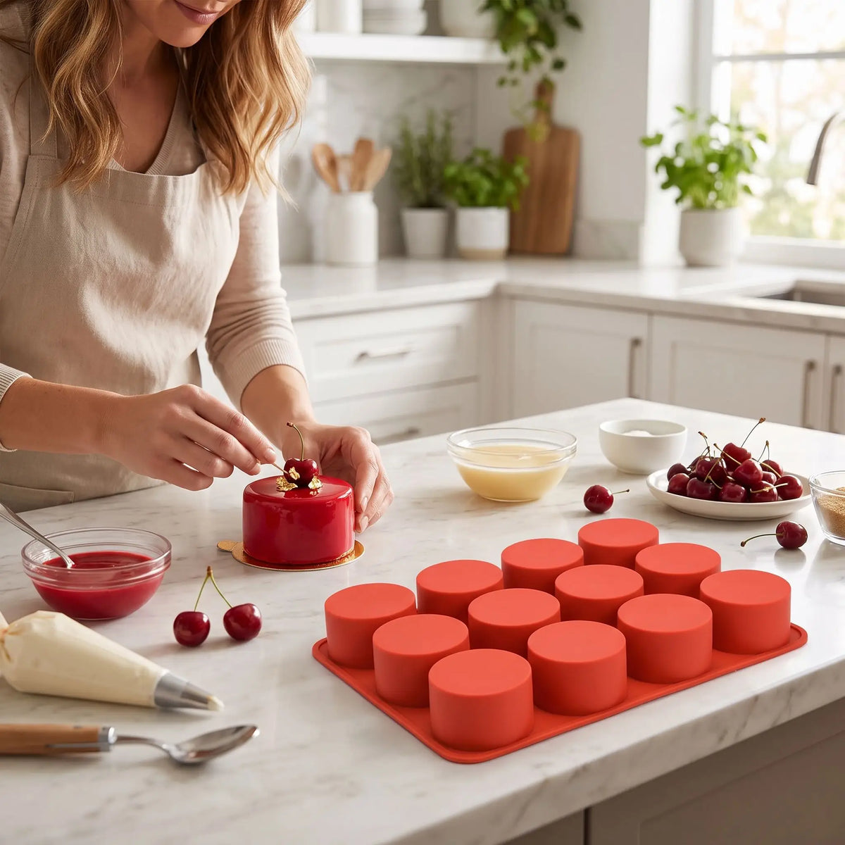 moule en silicone rond avec femme décorant gâteaux 