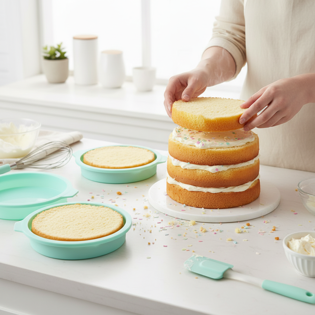 homme empile gâteau avec moule en silicone rond