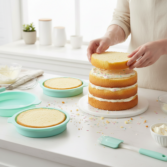 homme empile gâteau avec moule en silicone rond