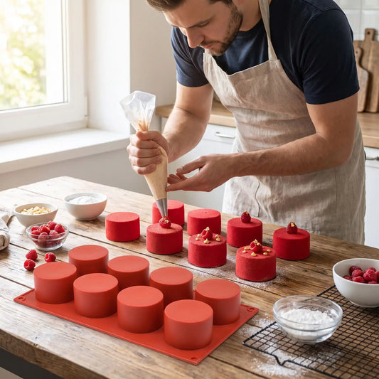 moule en silicone rond avec homme décorant gâteaux dans cuisine