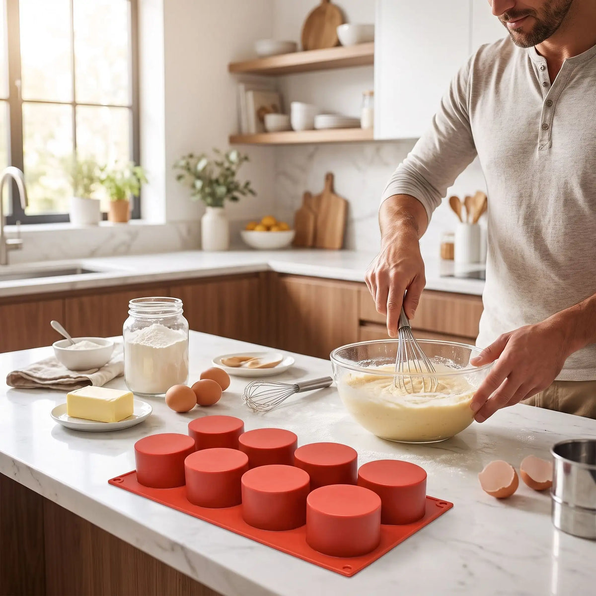 moule en silicone rond avec homme préparant gâteau 