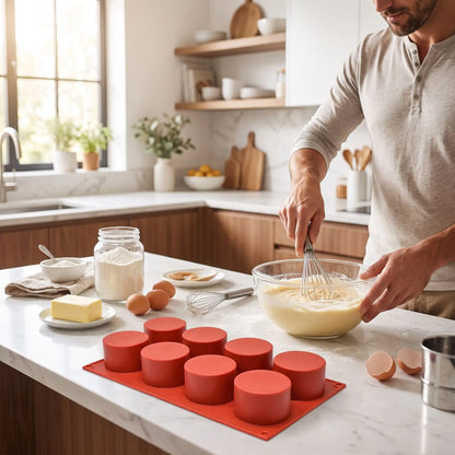 moule en silicone rond avec homme préparant gâteau 