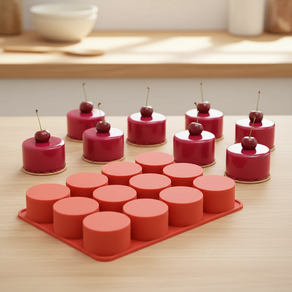 moule en silicone rond sur table bois clair avec gâteaux 