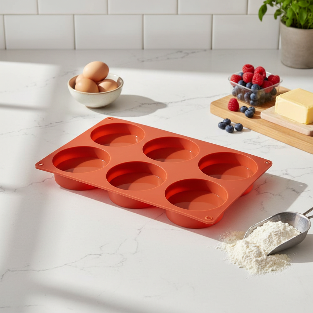moule en silicone rond sur table cuisine avec ingrédient 