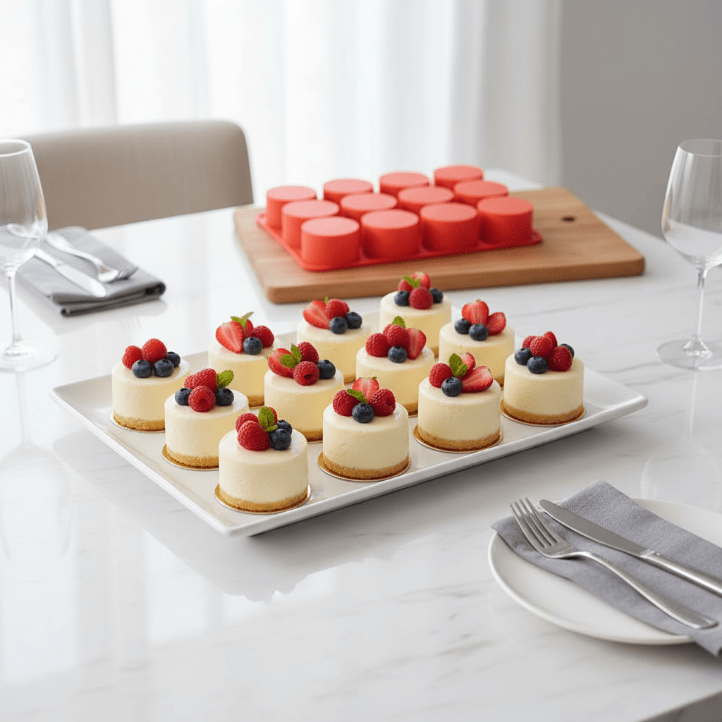 moule en silicone rond sur planche bois avec gâteaux 