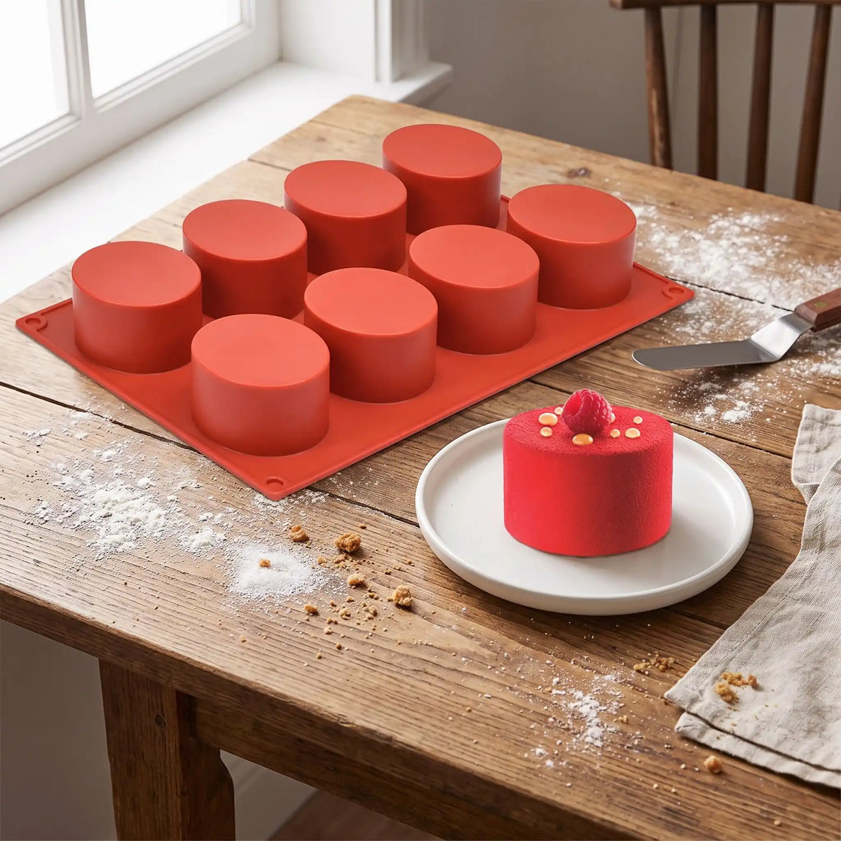 moule en silicone rond posé sur table bois et gâteau 