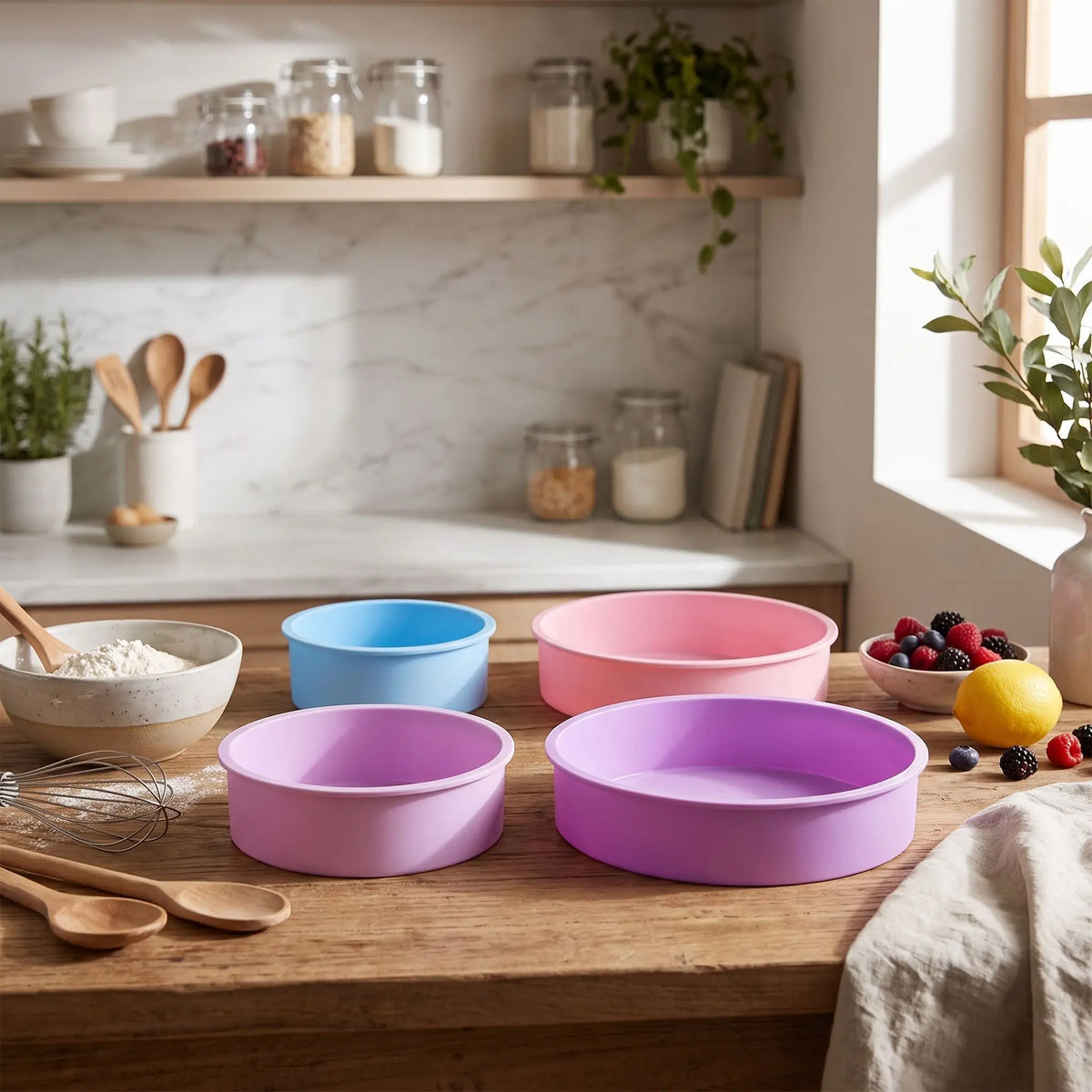 Moule en silicone rond sur table bois rustique