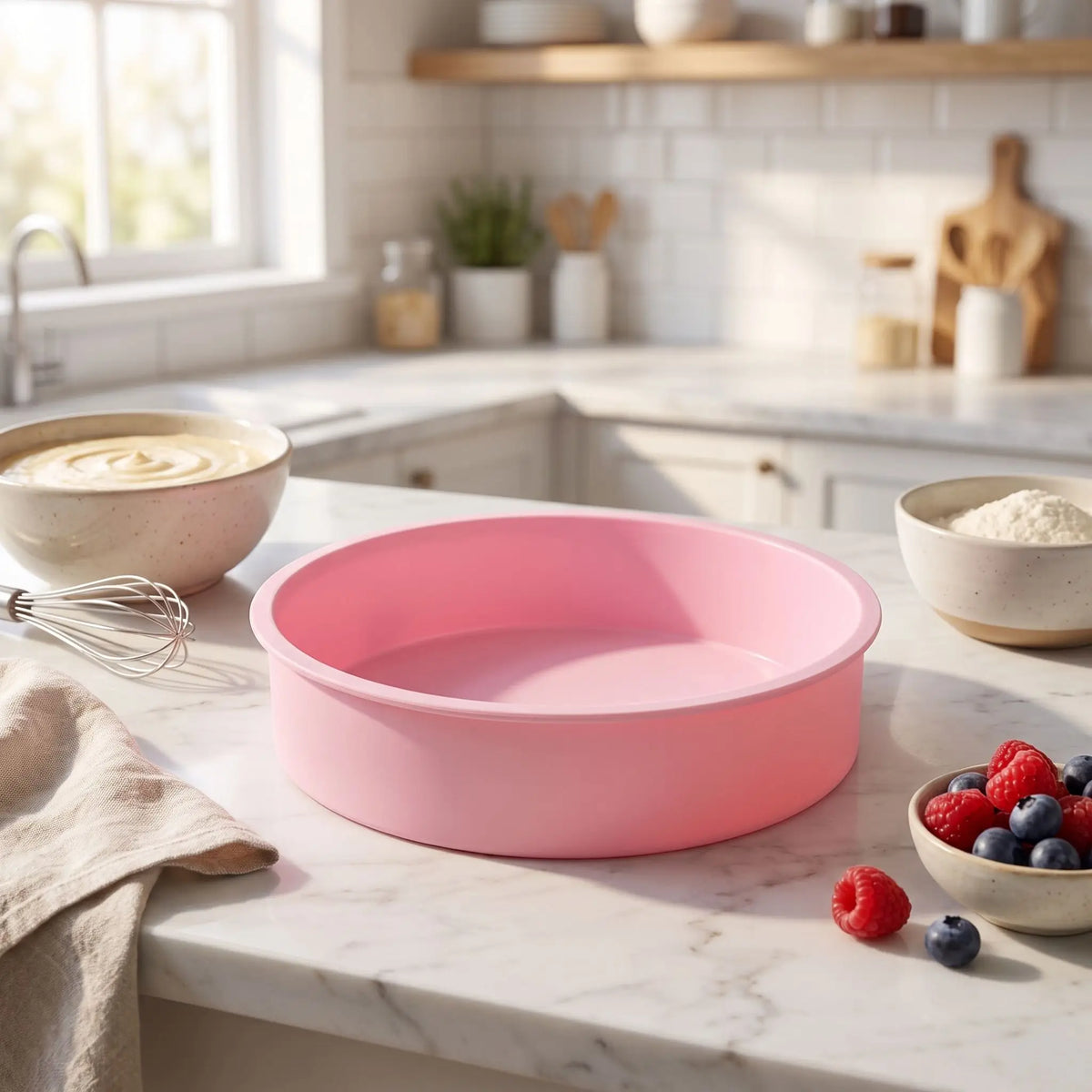 Moule en silicone rond rose sur table cuisine
