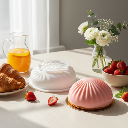Moule à entremet silicone dôme brunch fraise rose croissants