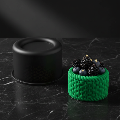 Moule à entremets panier noir sur table en marbre noir 