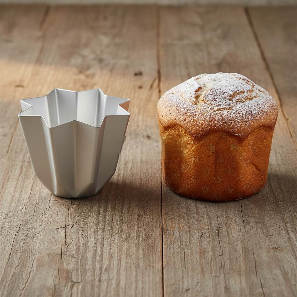 Moule pour pandoro avec pandoro sur table bois