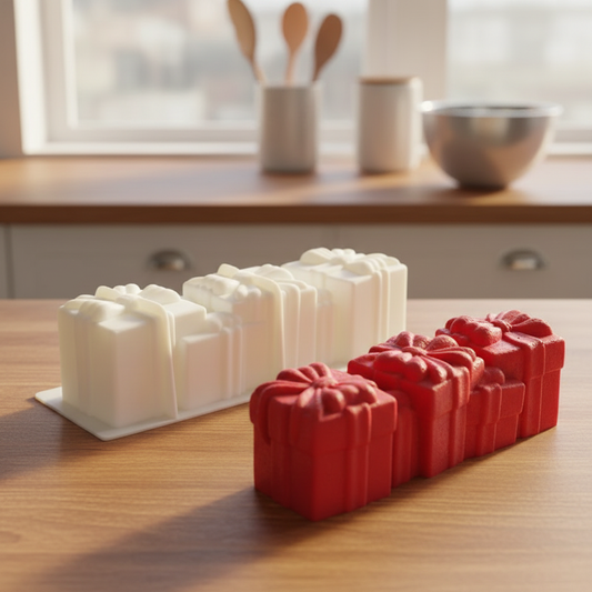 Moule silicone entremets et entremet rouge sur table cuisine