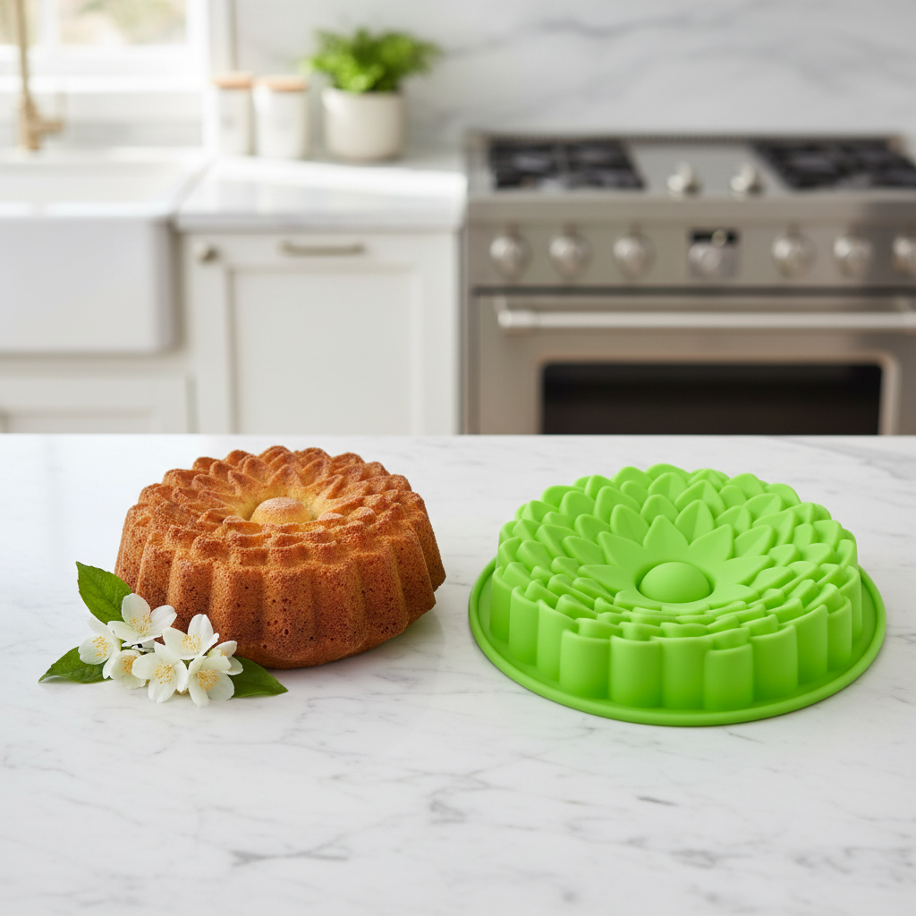 Gâteau et Moule silicone fleur sur table marbre 