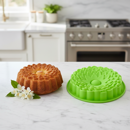 Gâteau et Moule silicone fleur sur table marbre 