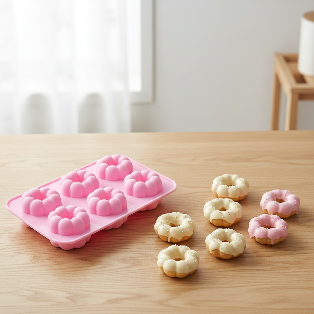 Moule pour Donuts avec donuts sur table cuisine bois