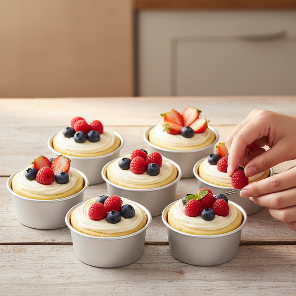 Moule a gâteau rond avec gâteau décoré  sur table bois