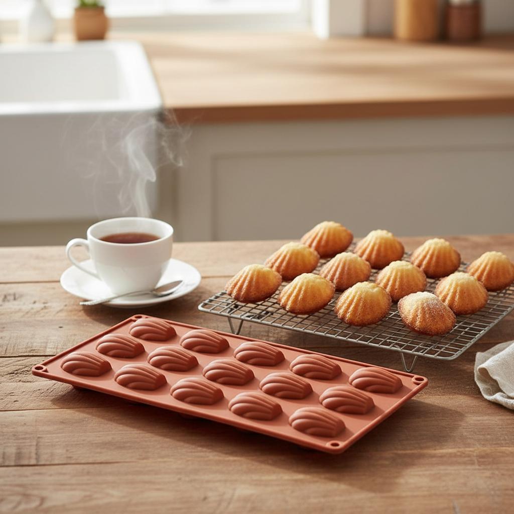 Moule madeleines silicone professionnel avec madeleines dorées bombées parfaites
