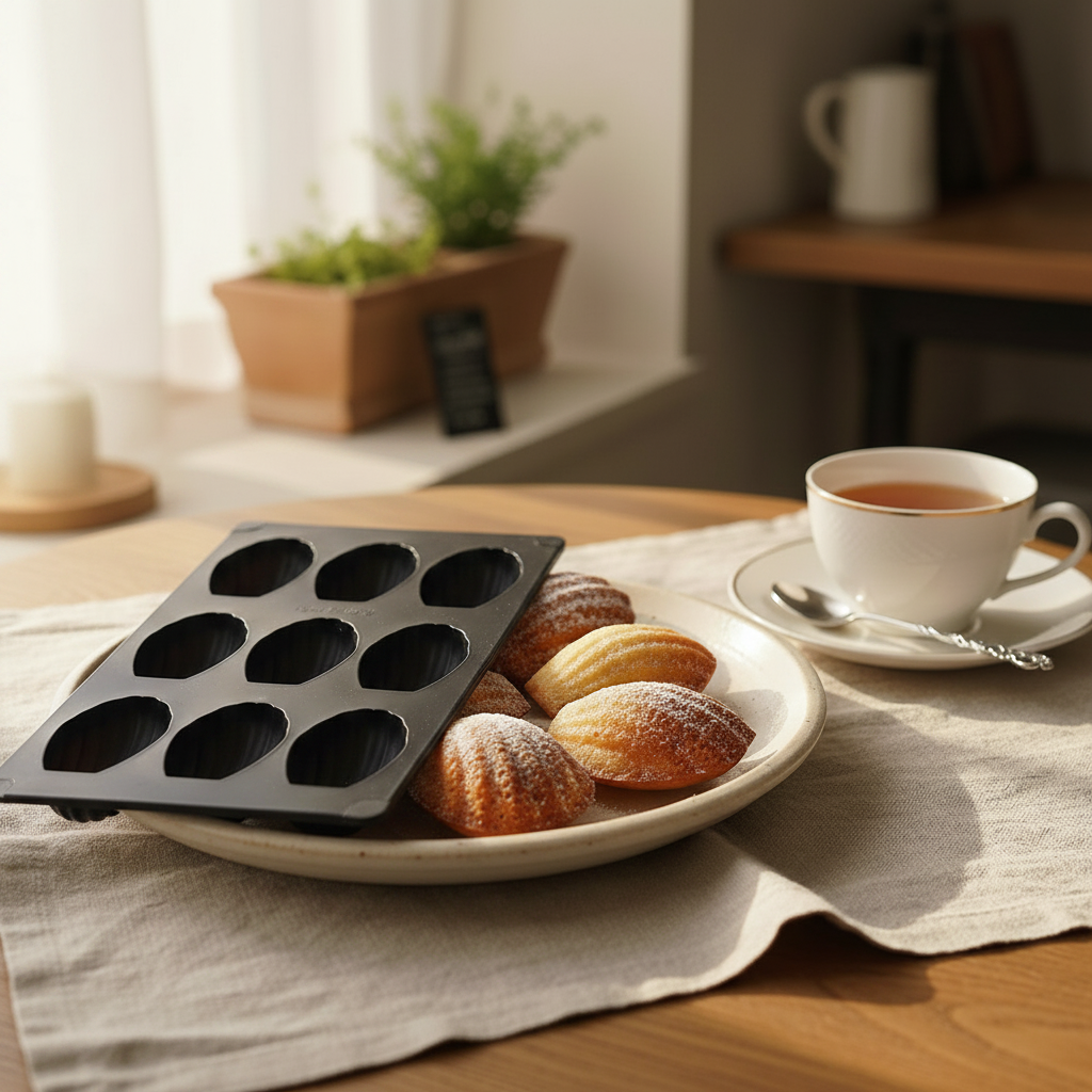 Moule Silicone Madeleine avec madeleine dans assiette 