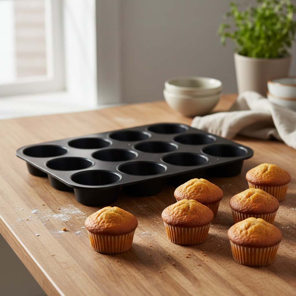 Moules à muffins noir sur table bois avec muffins