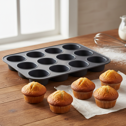 Moules à muffins noir avec muffin sur table bois 