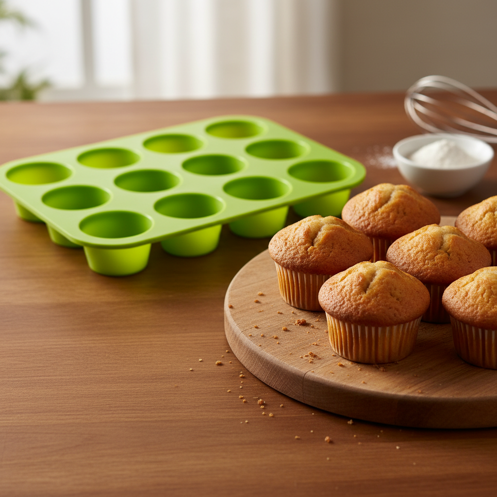 Moules à muffins vert avec muffin nature dans assiette 