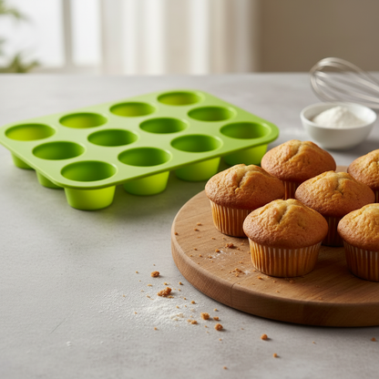Moules à muffins vert avec muffins dans assiette 