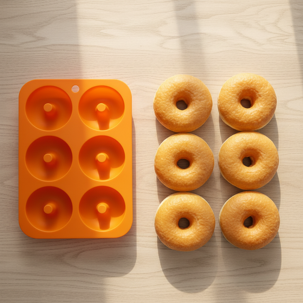 Moule Donuts orange et donuts sur table bois